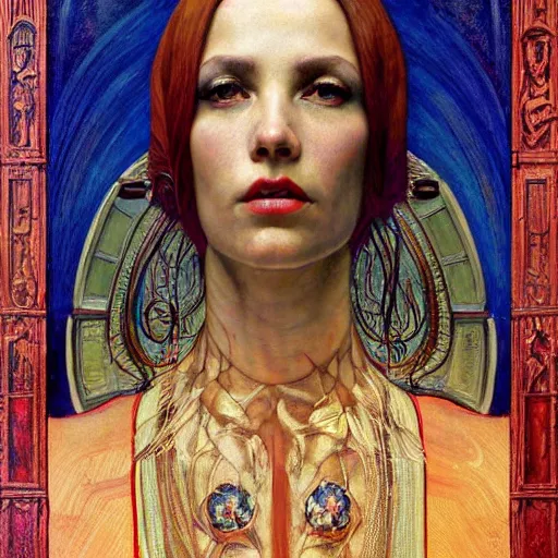 Prompt: renaissance portrait of an art deco machine priestess, reflective detailed textures, highly detailed fantasy science fiction painting by annie swynnerton and jean delville and moebius, norman rockwell and william holman hunt. modern industrial shaman, rich colors, high contrast. artstation