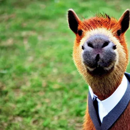 Image similar to a high detail photo of an antropomorphic capybara wearing a suit, subject= duck, subject detail: wearing a suit, photorealism