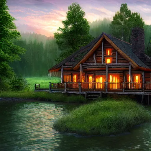 Image similar to log cabin in the woods by the lake, diffused lighting, highly detailed cinematic, epic composition, highly detailed, atmospheric, wide angle, artstation trending, warm green colors, computer art, concept art