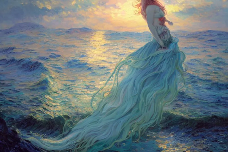 Image similar to a beautiful painting of the sea at dawn, spume dreams, fading away, the little mermaid, wedding dress made by waves, sea wedding and funeral, blue, shimmering and prismatic, rococo, by krenz cushart and mucha and monet, trending on artstation.