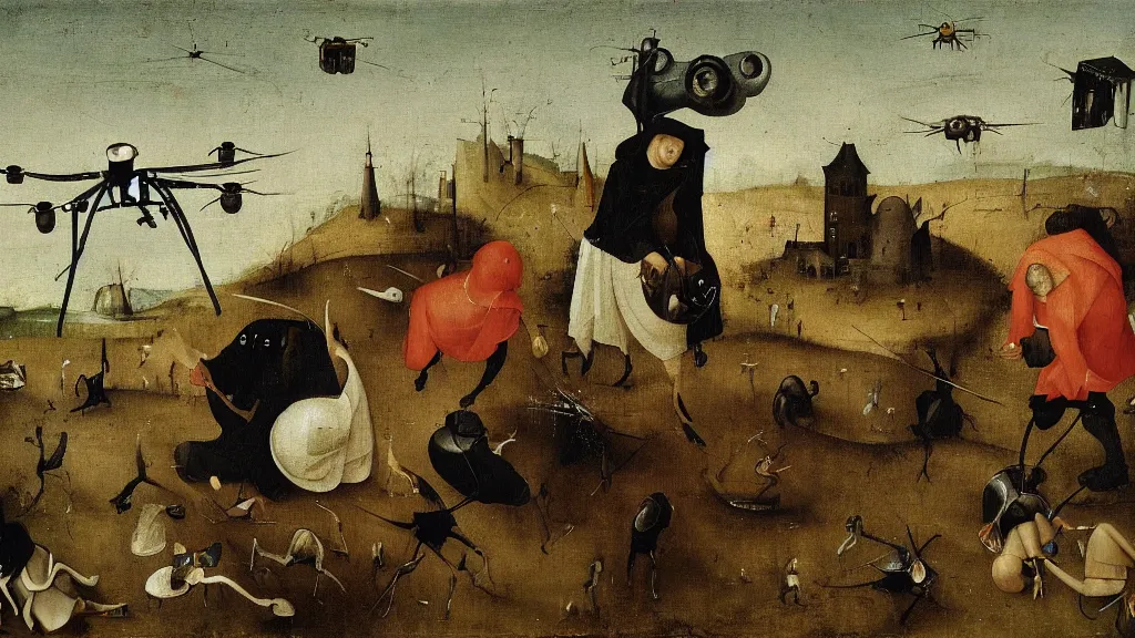 Image similar to a drone attack to innocent villager, close-up villager terrified by drone, in the fashion of Hieronymus Bosch, oil on canvas, painting, 4k