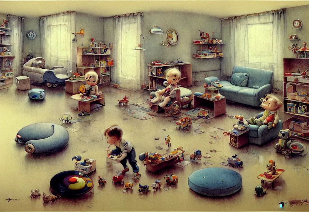 Image similar to toddler ( ( ( ( ( 1 9 5 0 retro futuristic living room. muted colors. toys laying around ) ) ) ) ) by jean baptiste monge