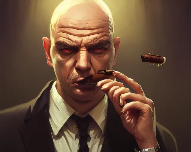 Prompt: Highly detailed portrait of a mob boss smoking a cigar, in GTA V, Stephen Bliss, unreal engine, fantasy art by Greg Rutkowski, Loish, Rhads, ferdinand knab, Makoto Shinkai and Lois van baarle, ilya kuvshinov, rossdraws, Tom Bagshaw, global illumination, radiant light, detailed and intricate environment