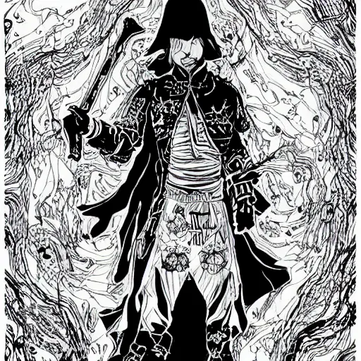 Image similar to black and white pen and ink!!!! aesthetic instagram artstation trending royal! nordic goetic Raiden x Frank Zappa golden!!!! Vagabond!!!! floating magic swordsman!!!! glides through a beautiful!!!!!!! floral!! battlefield dramatic esoteric!!!!!! pen and ink!!!!! illustrated in high detail!!!!!!!! by Junji Ito and Hiroya Oku!!!!!!!!! graphic novel published on 2049 award winning!!!! full body portrait!!!!! action exposition manga panel black and white Shonen Jump issue by David Lynch eraserhead and Frank Miller beautiful line art Hirohiko Araki