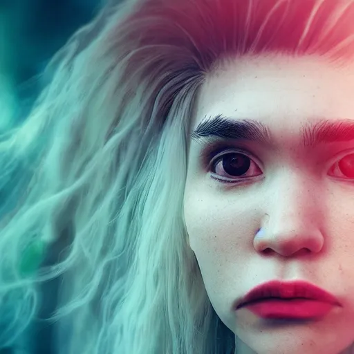 Image similar to Instagram selfie of Grimes' hair flowing like ocean waves, trending on artstation, macro photography, photorealistic quality, 4k, 8k, trending on artstation, artstationHQ, artstationHD.