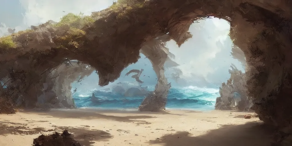 Image similar to a multiverse portal leading to a beautiful beach, greg rutkowski, trending on artstation