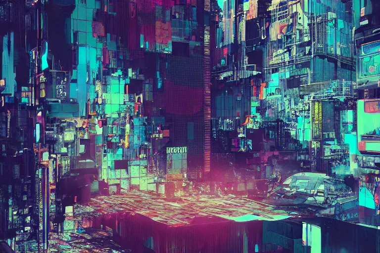 Image similar to fragmented architecture collage by atelier olschinsky, cyberpunk, (high contrast), ((oversaturated)), grafitti paint, bokeh, dof, unreal engine