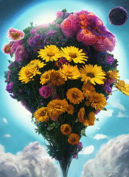 Image similar to An epic fantastic realism comic book style painting of the most beautiful flowers launched into space, bouquets, solar eclipse, fisheye, unreal 5, DAZ, hyperrealistic, octane render, dynamic lighting