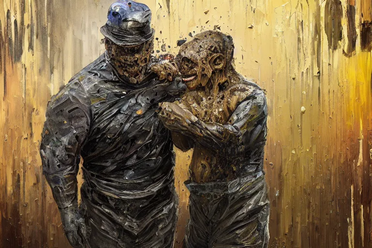 Prompt: palette knife oil painting of a mall security guard turning into a golem of mud and sludge., extreme detail, artstation trending, artgerm, deviant art, octane, substance, art history 8 k