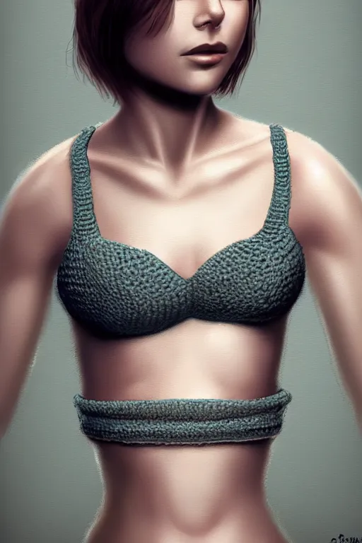 Prompt: Female model with short hair wearing a crocheted croptop, digital painting, small chest, artstation, full body realistic portrait, HD, dramatic lighting, highly detailed,