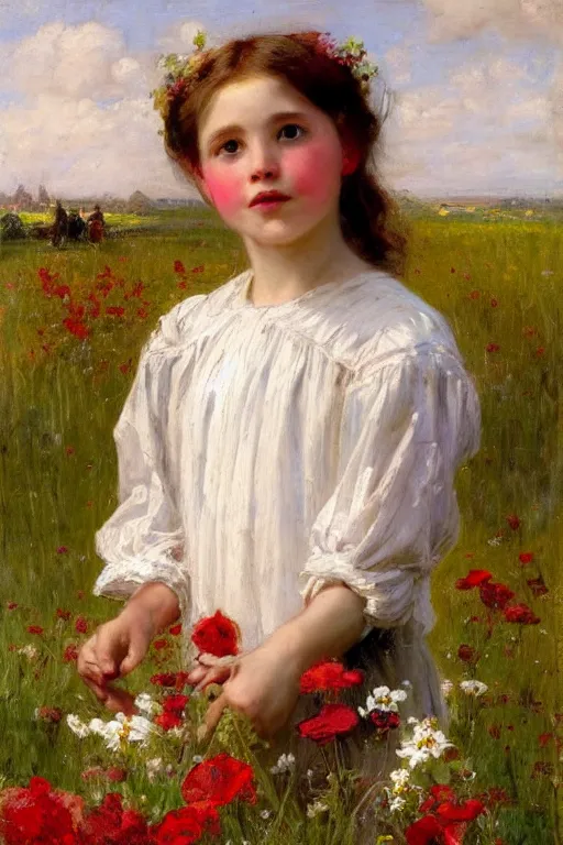 Prompt: Solomon Joseph Solomon and Richard Schmid and Jeremy Lipking victorian genre painting portrait painting of a happy young village girl in an open field of flowers, red background