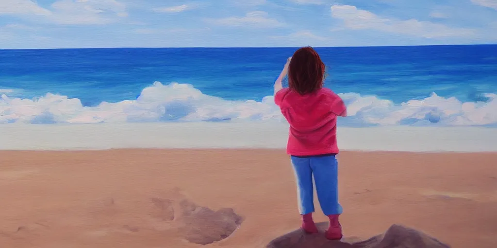 Prompt: girl looking at the ocean waves, superwide angle, zoom out, Leon Bosko painting style