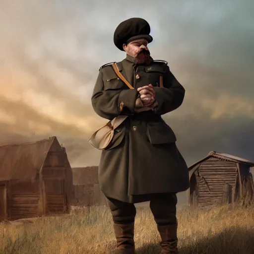 Prompt: fullbody of a light - moustached man, wearing simple russian ww 1 clothes in black fur beret, russian villages at background, style ivan talavera and artgerm, radiant lighting, hyper realistic, photorealistic, octane render, trending on artstation, cgsociety, cinematic light, global illumination