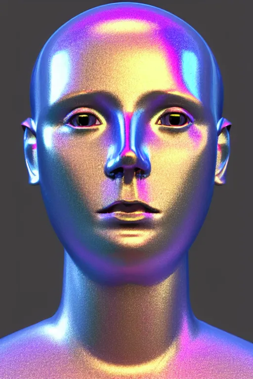 Image similar to 3d render of holographic human robotic bust made of glossy iridescent, bust, surrealistic 3d illustration of a human non-binary, non binary model, 3d model human, cryengine, made of holographic texture, holographic material, holographic rainbow, concept of cyborg and artificial intelligence