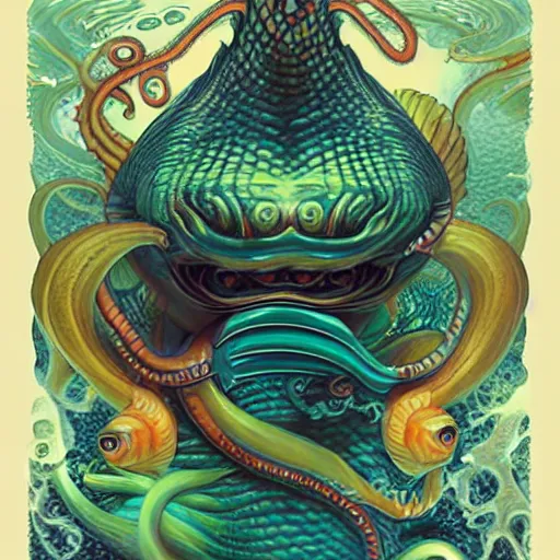 Prompt: underwater naga lovecraft lovecraftian portrait with sea creatures, Pixar style, by Tristan Eaton Stanley Artgerm and Tom Bagshaw.