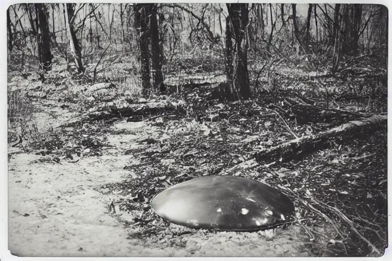 Prompt: old polaroid of a rusted ufo landed on a swamp, black and white, wide angle