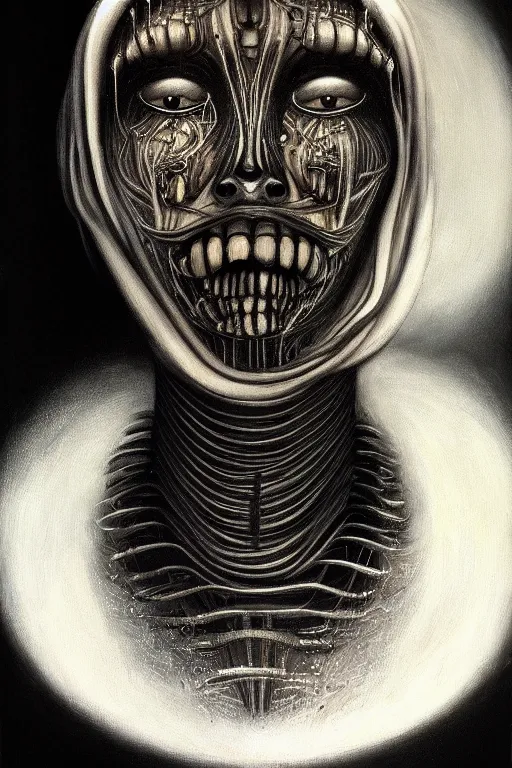 Image similar to a painting of a person's face with a black background, an ultrafine detailed painting by h. r. giger, trending on deviantart, metaphysical painting, lovecraftian, cosmic horror, detailed painting