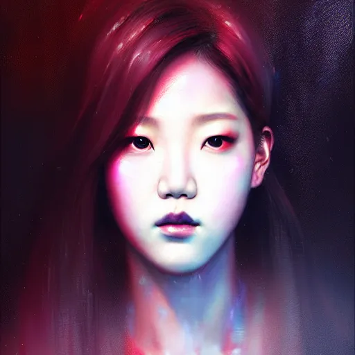 Image similar to roseanne park of blackpink, hyperrealistic portrait, bladerunner street, by karol bak and agnes cecile, fantasy art, photo realistic, dynamic lighting, artstation, poster, volumetric lighting, very detailed face, intricate complexity, rule of thirds, 8 k, award winning