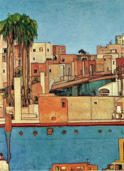 Image similar to ahwaz city in iran with a big arch bridge on local river, 2 number house near a lot of palm trees and bougainvillea, hot with shining sun, painting by egon schiele