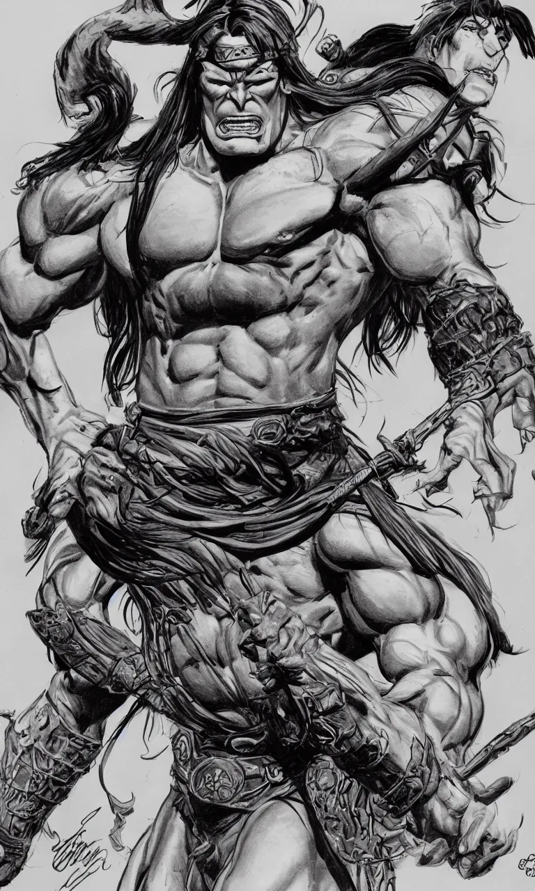 Image similar to digital detailed pianting drawing of conan by simon bisley and john buscema, unreal engine 5