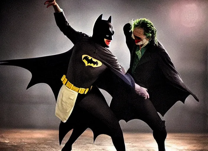 Image similar to Batman and Joker dance together，atmospheric lighting, masterpiece, award winning painting by Emmanuel Lubezki