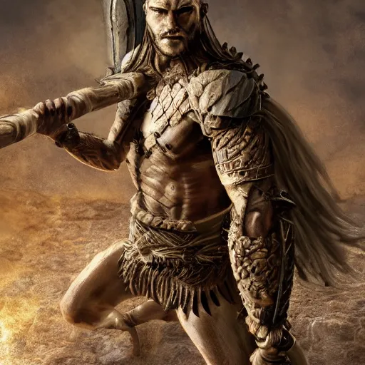 Image similar to muscular warrior with tree - bark skin wearing intricate stone and wood armor, holding halberd with laser blade, battlefield, highly detailed, dramatic lighting, cinematic, sci - fi, hyperrealistic, detailed