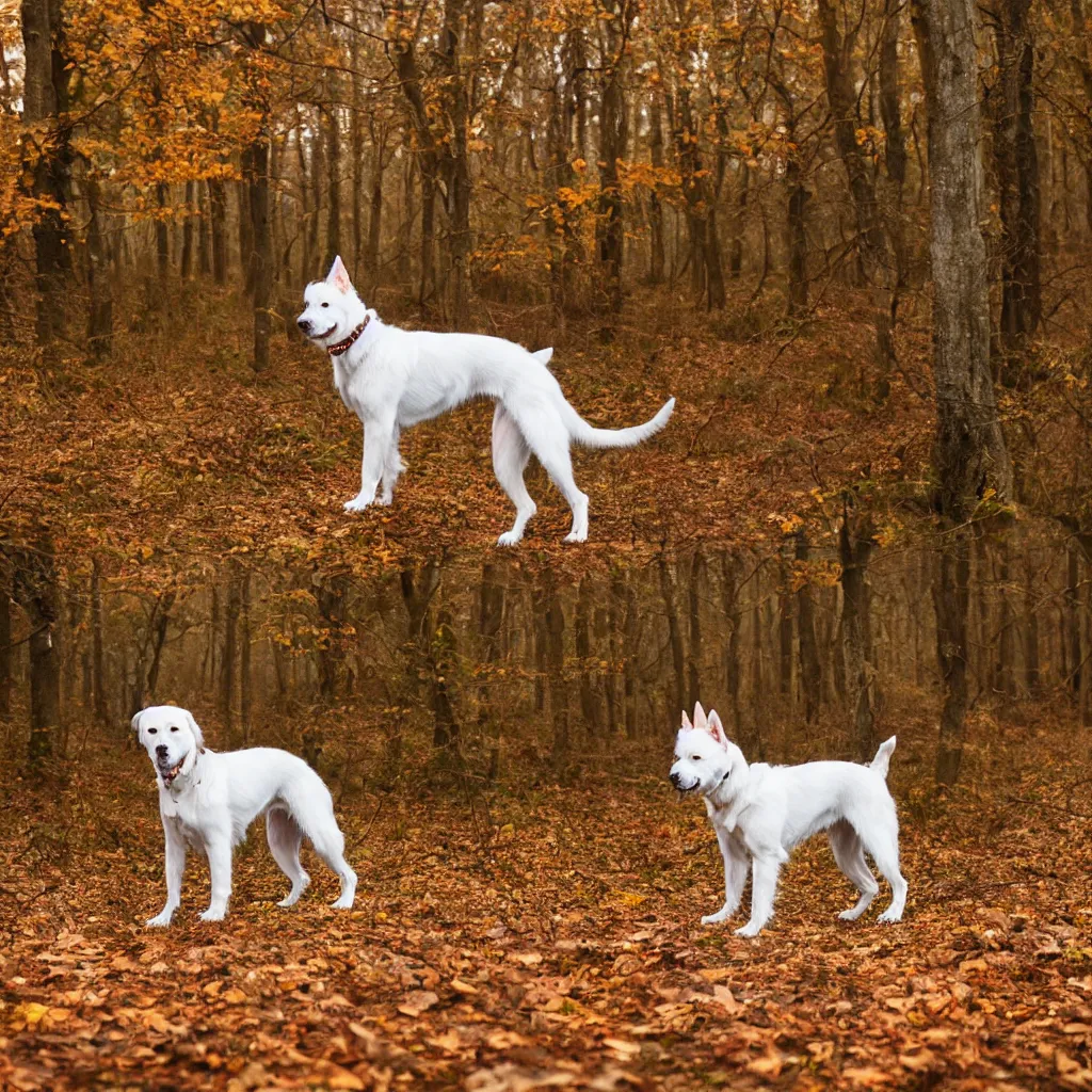 Image similar to one white laika dog, autumn, foggy old forest, very detailed, 4 k, professional photography