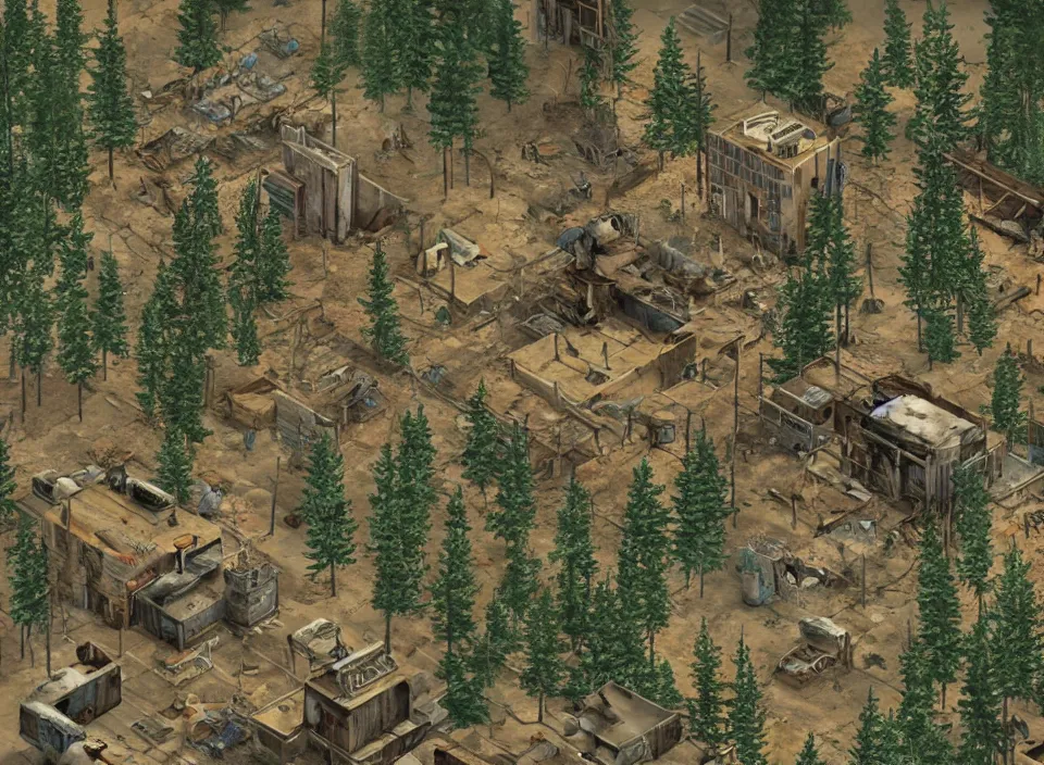 Image similar to Screenshot of the outside of an diseased pine forest in Fallout 2 (1998), isometric perspective, postapocalyptic, bird's eye view, prerendered isometric graphics, high quality