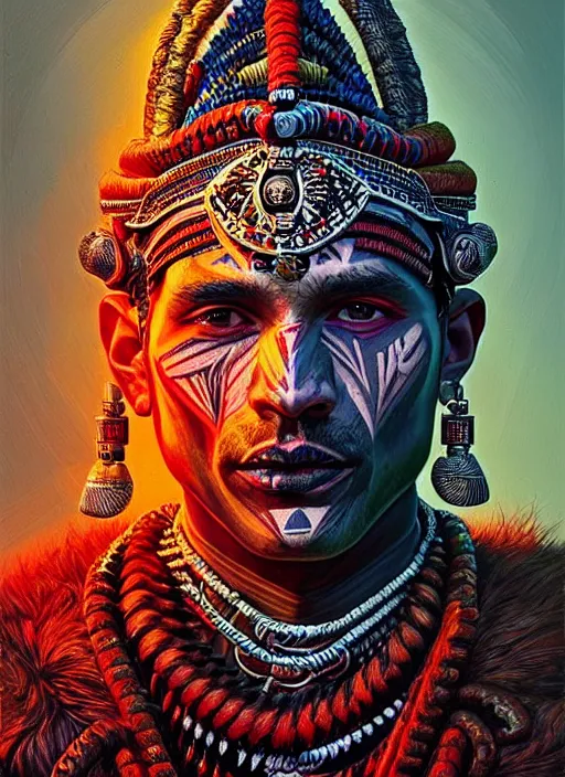 Image similar to portrait of tom ellis, hyper detailed ultra sharp aztec shaman warrior. trending on artstation, warpaint aesthetic, bloodwave, colorful, psychedelic, ornate, intricate, digital painting, concept art, smooth, sharp focus, illustration, art by artgerm and greg rutkowski and h. r. giger, 8 k