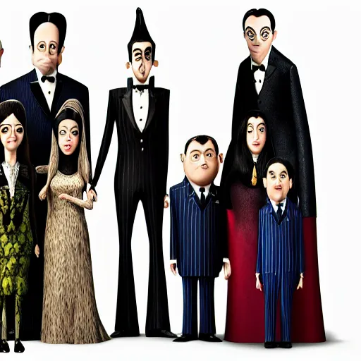 Prompt: family portrait, highly detailed, the addams family all played by Jim Carrey, indoors