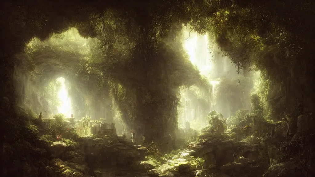 Image similar to hidden in the stone cavern is a secret garden. andreas achenbach, artgerm, mikko lagerstedt, zack snyder, tokujin yoshioka