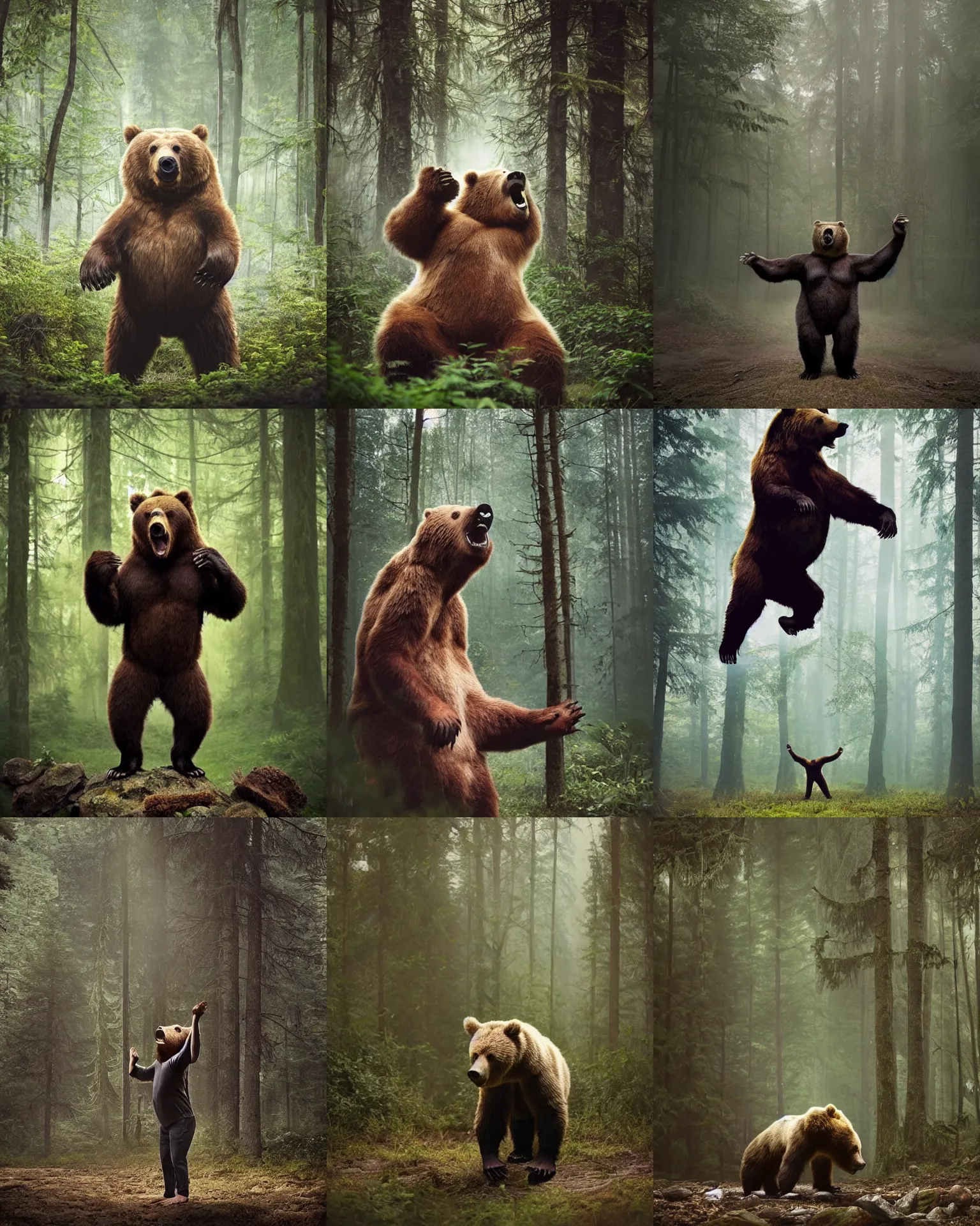 Prompt: very realistic! epic pose!!! bulky oversized grizzly bear screaming flexing ,in forest jungle , Cinematic focus, Polaroid photo, vintage , neutral dull colors, soft lights, foggy mist , by oleg oprisco , by national archives, by discovery channel, by victor enrich , by gregory crewdson