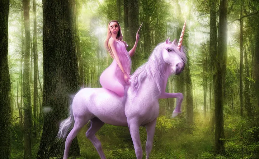 Prompt: princess riding a unicorn, in a forest clearing, ultra realistic, photorealistic, digital art,