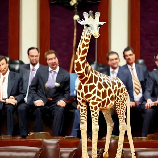 Image similar to a giraffe with a tie and pants on the spanish congressional stage