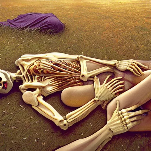 Prompt: Skeleton lying unconscious on the grass wearing greek clothes, fallen god, gold crown and filaments, visible arteries and veins and spine and bones and muscles and nerves, intricate, headshot, highly detailed, digital painting, artstation, concept art, sharp focus, cinematic lighting, illustration, art by artgerm and greg rutkowski, alphonse mucha, cgsociety