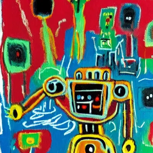 Image similar to a little robot lying in a flower field, painted by basquiat