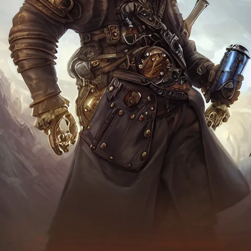 Prompt: portrait of a muscular, grim, bald orc mechanic, wearing a heavy brown leather coat, wielding a wrench, steampunk setting, gears, airship on the background, dramatic lighting, high detail, digital art by Rossdraws