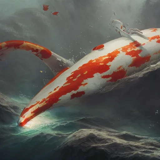 Image similar to subsurface scattering, white, giant submarine, koi colors only, octane render, jesper ejsing, justin gerard, james jean, tomasz alen kopera, cgsociety, fenghua zhong, makoto shinkai, highly detailed, rim light, art, cinematic lighting, very coherent, hyper realism, 8 k