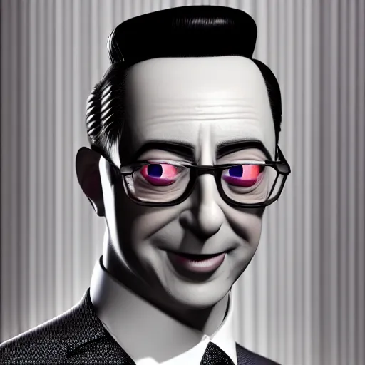 Prompt: a 3 d render of peewee herman on max headroom, octane render, unreal engine, hyperrealism, 8 k, trending on artstation, ultra detailed, volumetric lighting, dramatic lighting, lasers, neon