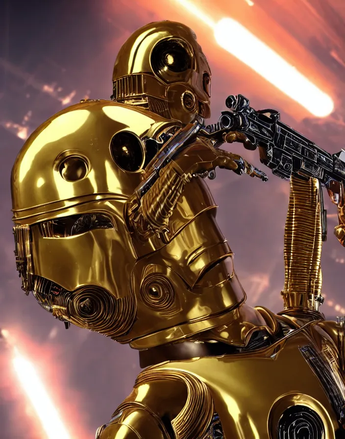 Prompt: c 3 po getting a victory royale, asthetic, realistic, 8 k, photography