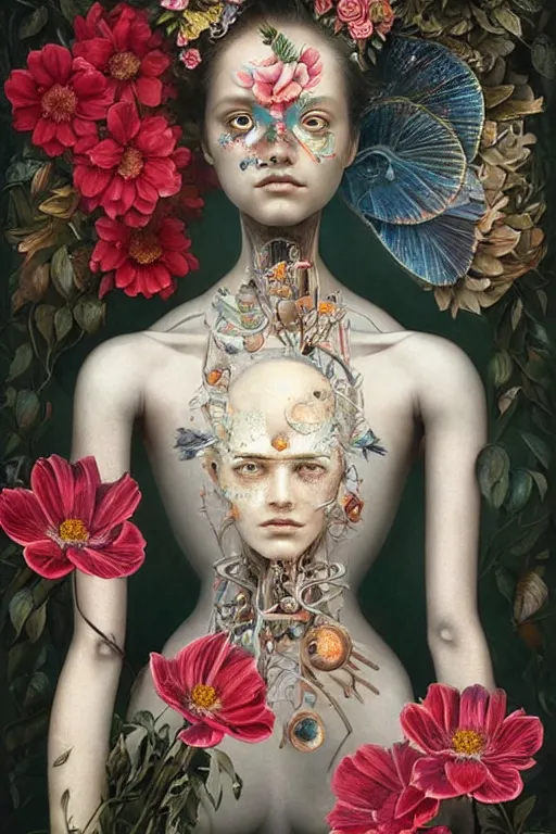 Image similar to humanoid robot, flowers growing on skin, highly detailed, expressive eyes, beautiful symmetric body, perfect proportions, highly intricate, art by tom bagshaw and alex gray