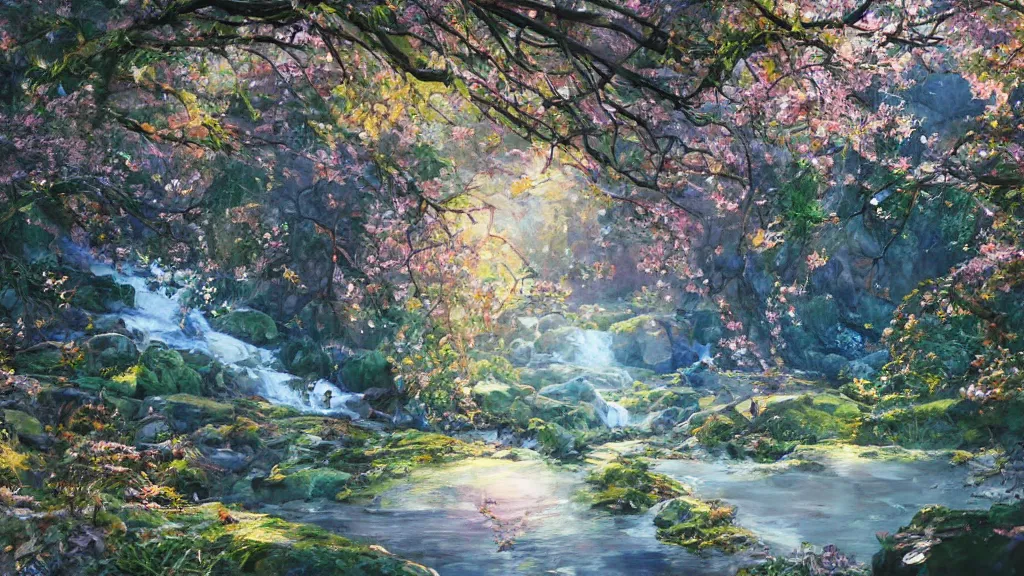 Image similar to featured on artstation cherry tree overlooking valley waterfall sunset beautiful image stylized digital art