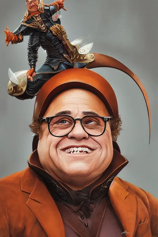 Image similar to portrait of danny devito wearing Elgast's helm by artgerm and Craig Mullins, James Jean, Andrey Ryabovichev, Mark Simonetti and Peter Morbacher 16k