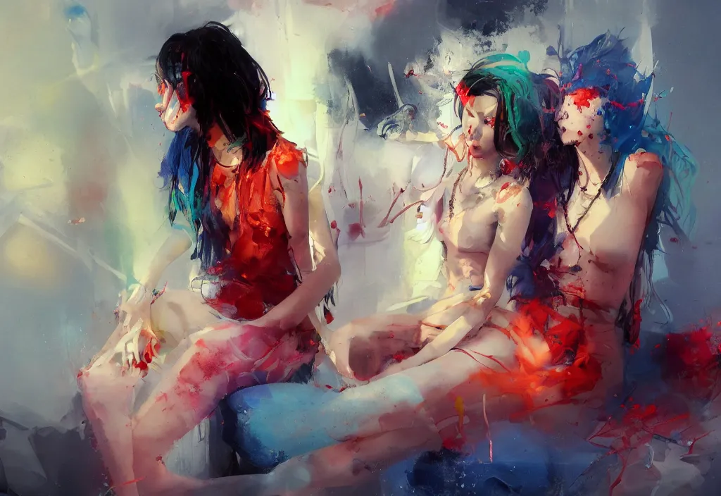 Image similar to full body portrait of a duo of 1 9 years old girl figures, messy hair, oriental tattoos, jewelry, subjects wearing savile row menswear, beautiful, dramatic, cinematic lighting, phtalo blue, lemon, fire red, few vivid pink highlights, visible brushstrokes, by ross tran and jeremy mann and guweiz, oil on canvas, artstation, pixiv