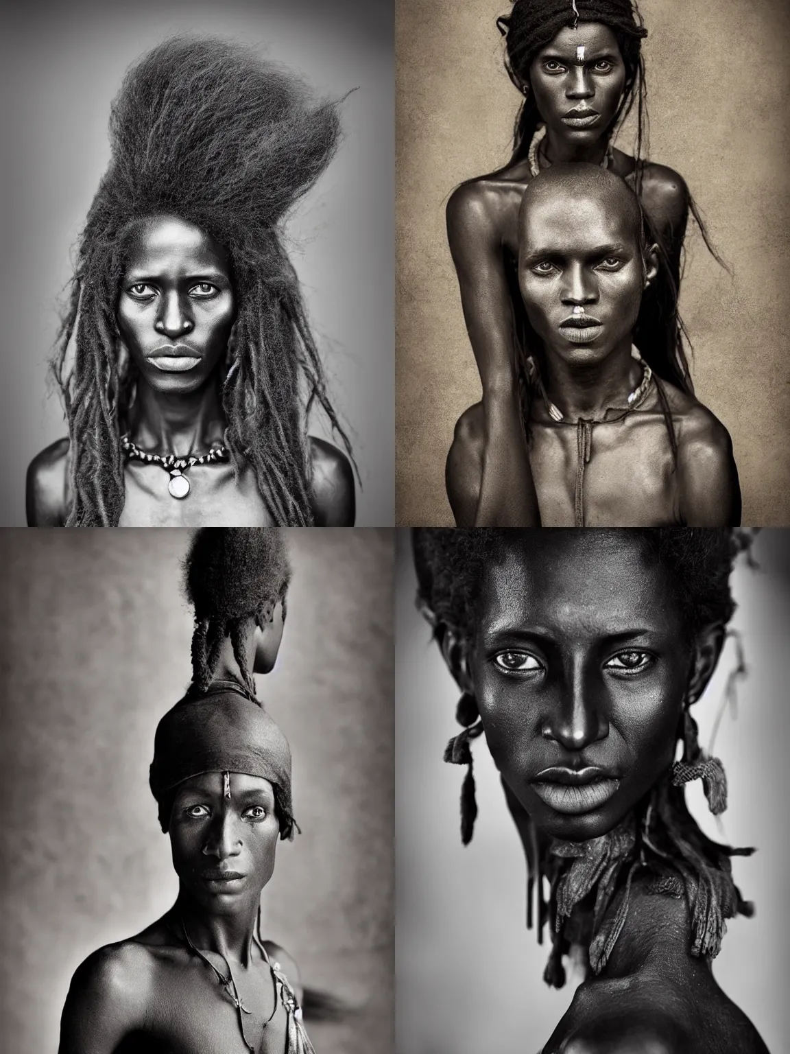 Prompt: Award winning full-body photo of an ancient African androgynous model, with incredible hair and beautiful eyes wearing traditional garb by Lee Jeffries, 85mm ND 4, perfect lighting, gelatin silver process