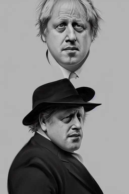 Image similar to Boris Johnson as Vito Corleone, realistic portrait, symmetrical, highly detailed, digital painting, artstation, concept art, smooth, sharp focus, illustration, cinematic lighting, art by artgerm and greg rutkowski and alphonse mucha