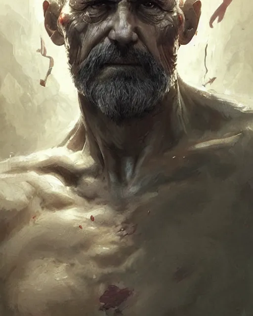 Image similar to old shaved man with a big scar on his blind left eye, elegant, hard edges, wrath, muscles, ethereal, science fiction, supervilain, fantasy art by greg rutkowski and magali villeneuve and claude monet