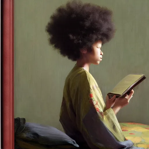 Image similar to girl with afro with a comb in it, in kimono, backview, sitting on edge of bed, reading a book, by jeremy lipking, tim rees, joseph todorovitch