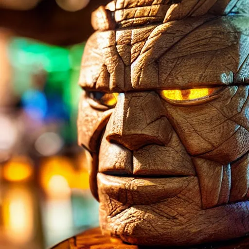 Image similar to a closeup photorealistic photograph of ben grimm's face on a tiki mug at trader vic's beach bar. fantastic four. tiki culture. bright scene. fine detail. this 4 k hd image is trending on artstation, featured on behance, well - rendered, extra crisp, features intricate detail, epic composition and the style of unreal engine.