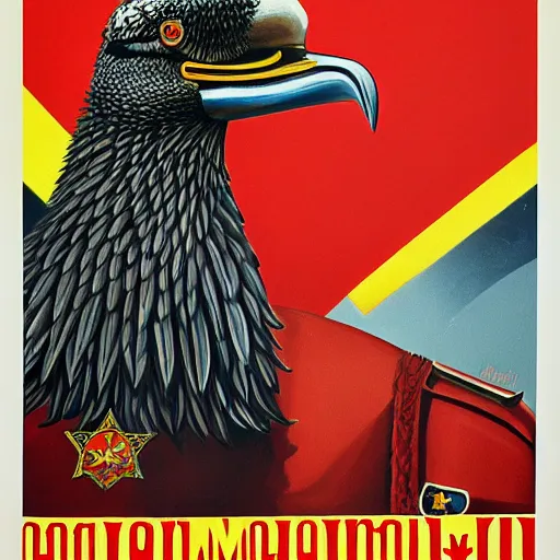 Image similar to a detailed and complex, highly detailed, concept art, soviet propaganda poster depicting a dromaius in military uniform. general emu. painting by irakli toidze,